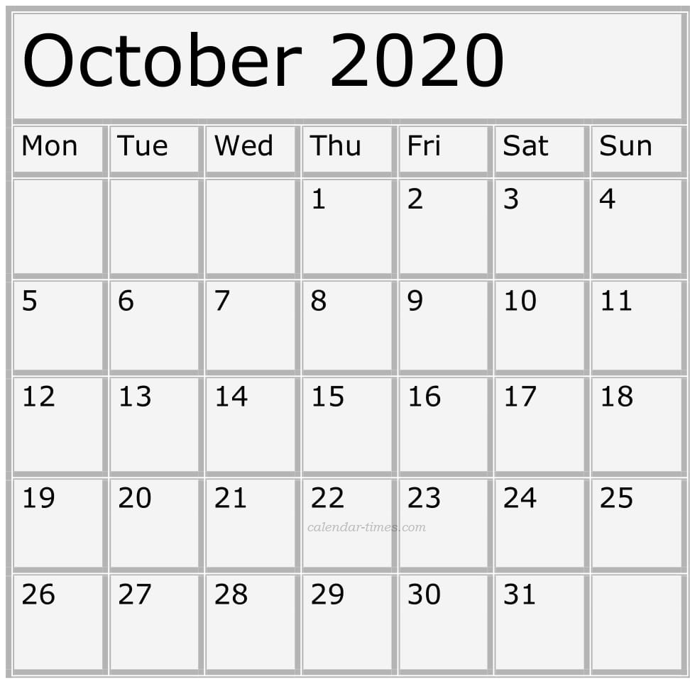 Free Printable October 2020 Calendar