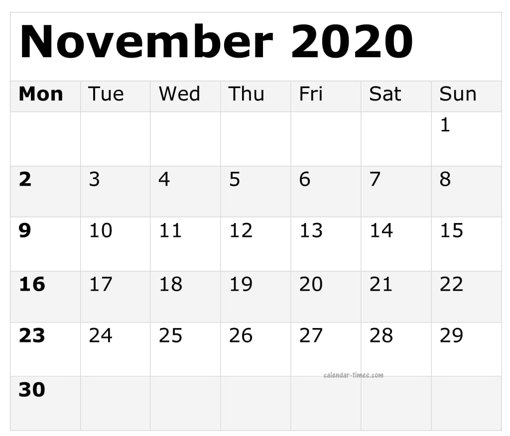 November Calendar 2020 