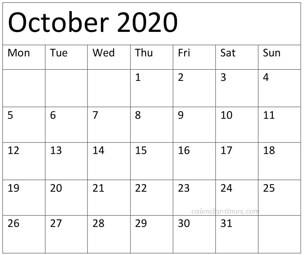 October 2020 Printable Calendar