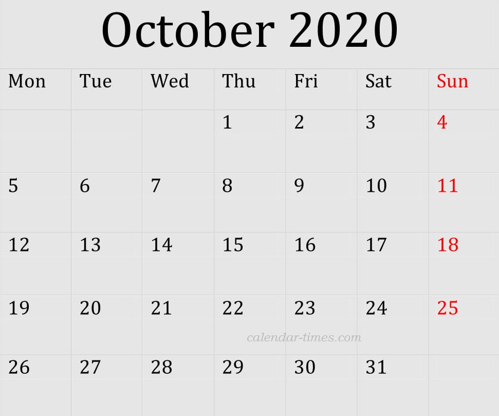 October 2020 Printable Calendar