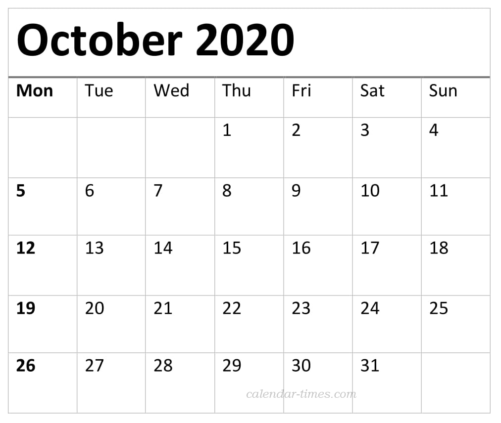 October 2020 Printable Calendar 
