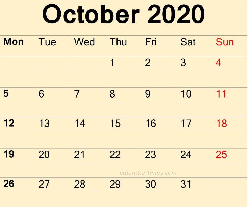 October 2020 Printable Calendar