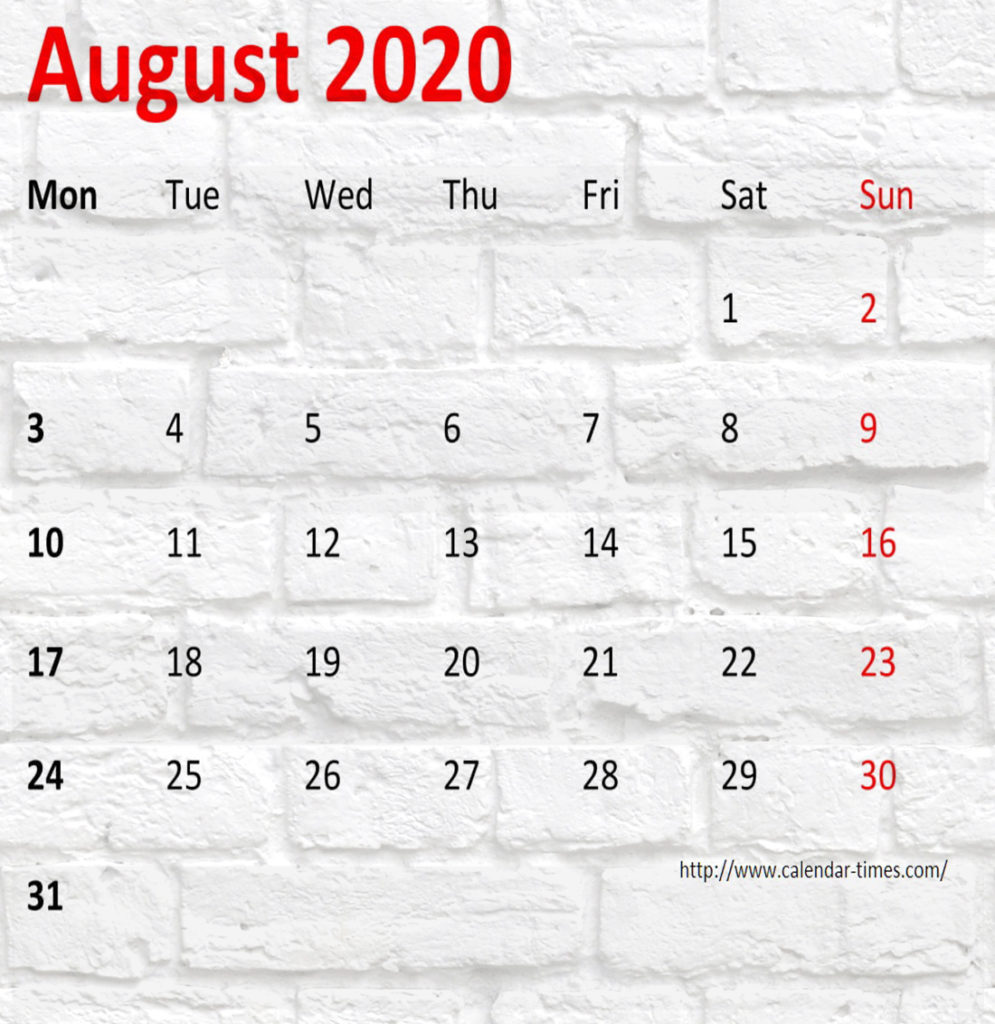 Printable August 2020 Calendar