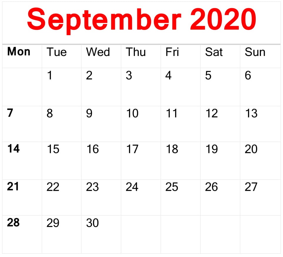 September 2020 Calendar Template 