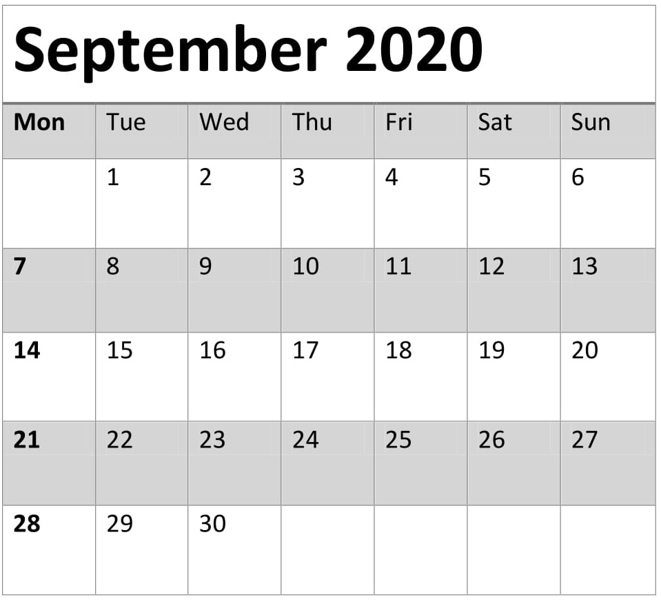 September 2020 Calendar Template 