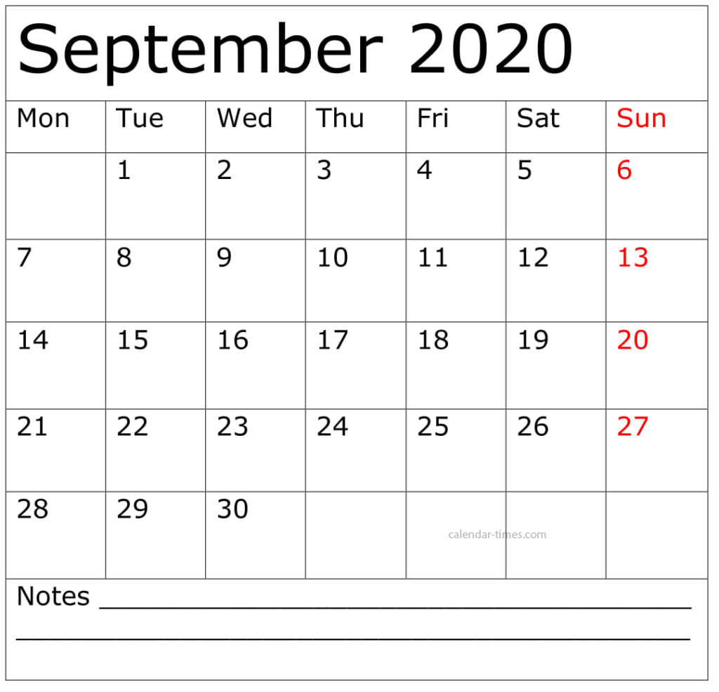 September Calendar 2020