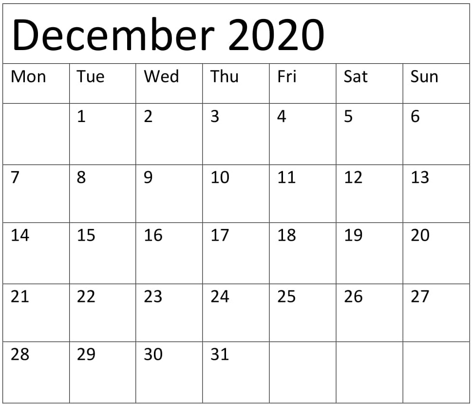 December 2020 Calendar 