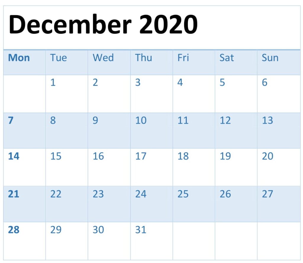 December 2020 Calendar