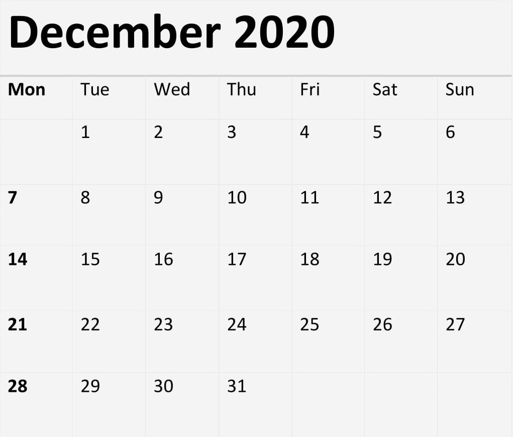 December 2020 Calendar 