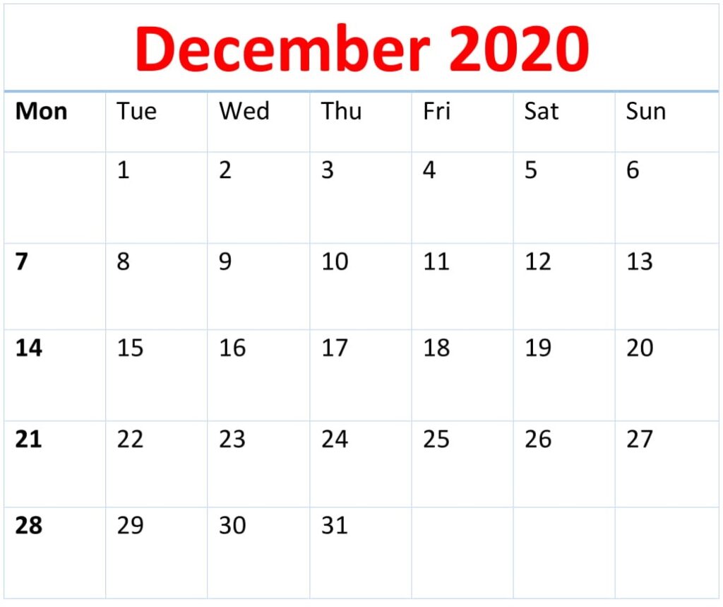 December 2020 Calendar