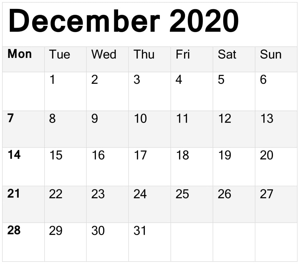 Free Printable December 2020 Calendar 