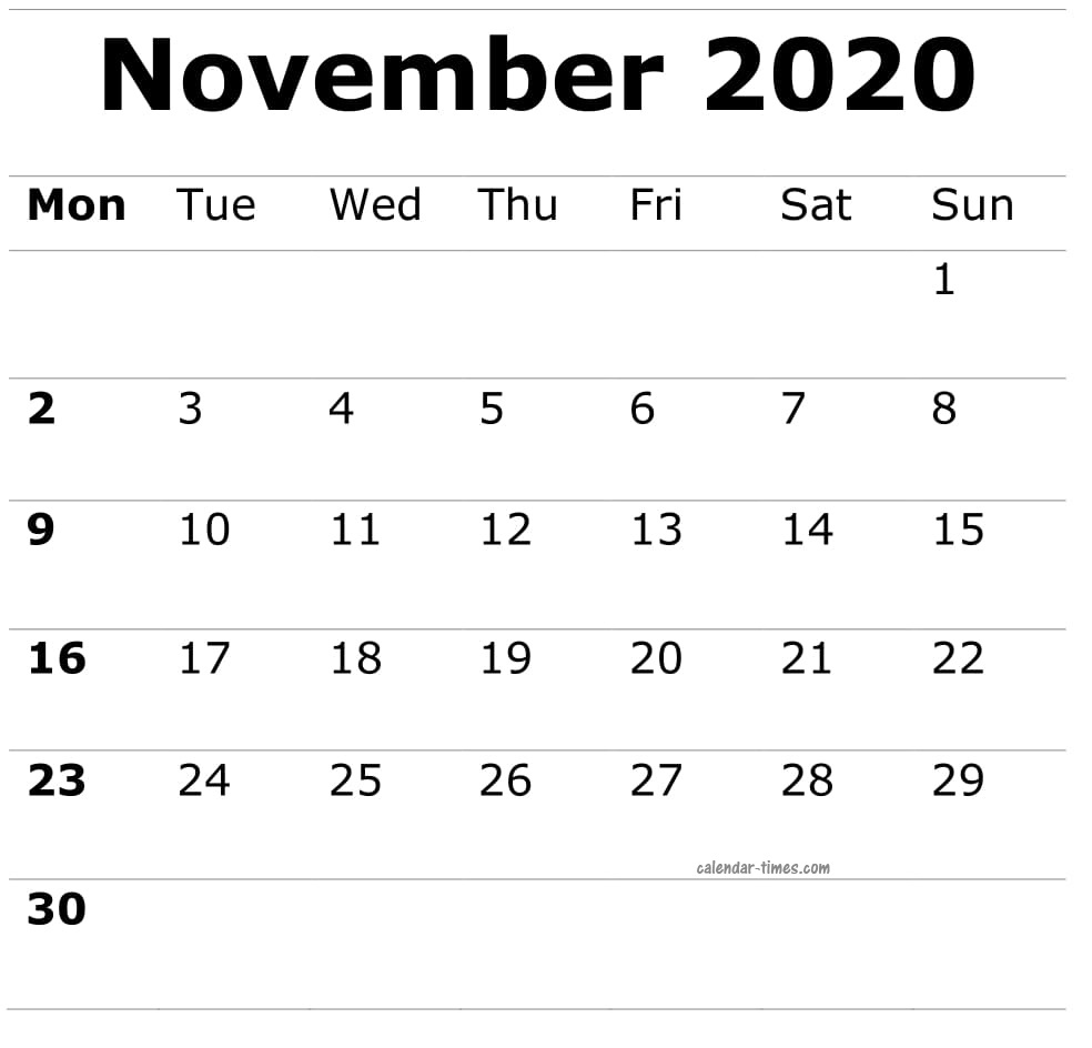 November 2020 Calendar Template