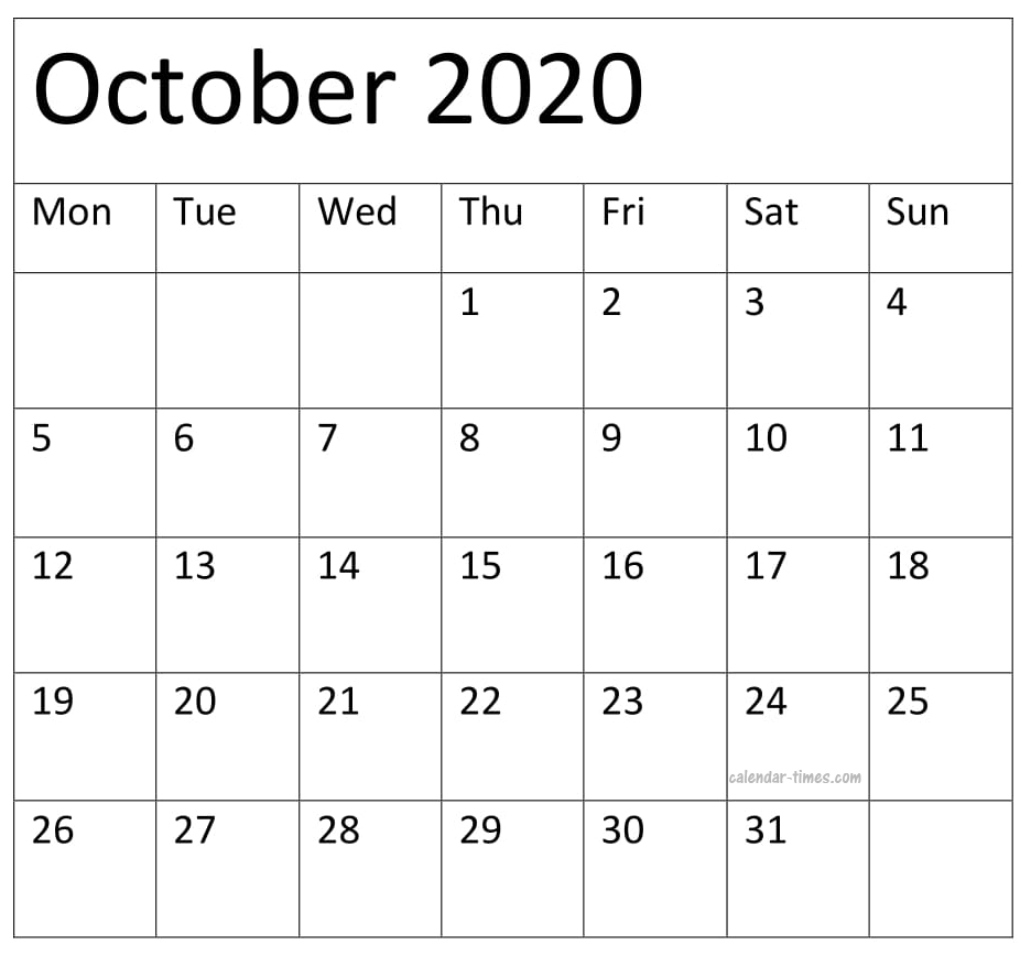 October 2020 Calendar 