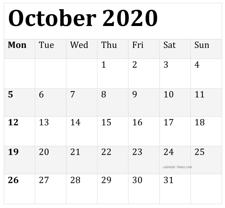 October 2020 Calendar Holidays