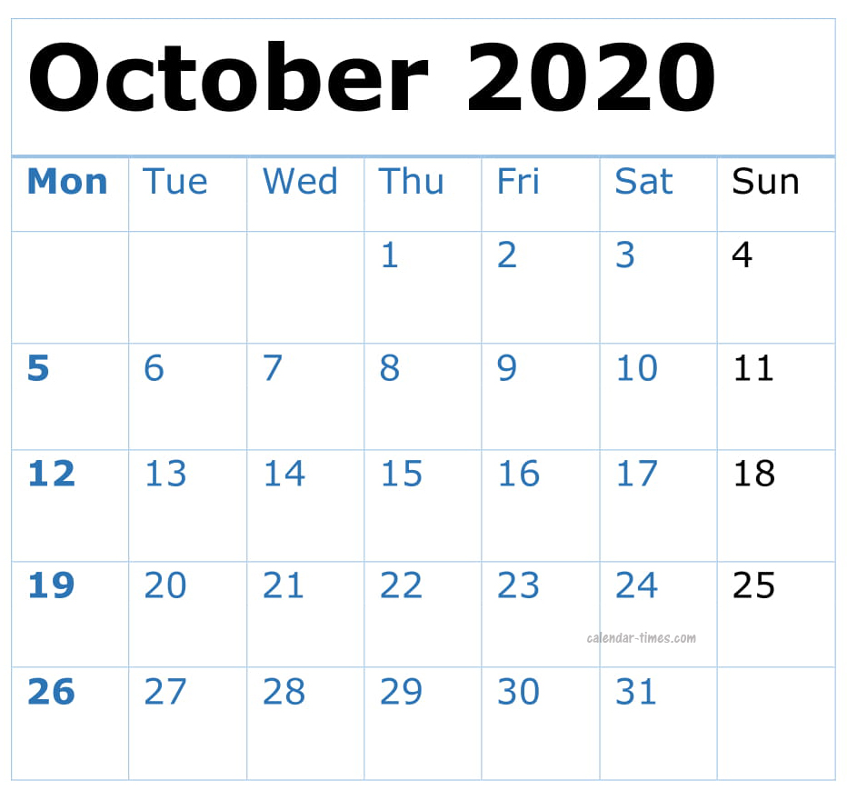 October 2020 Calendar 