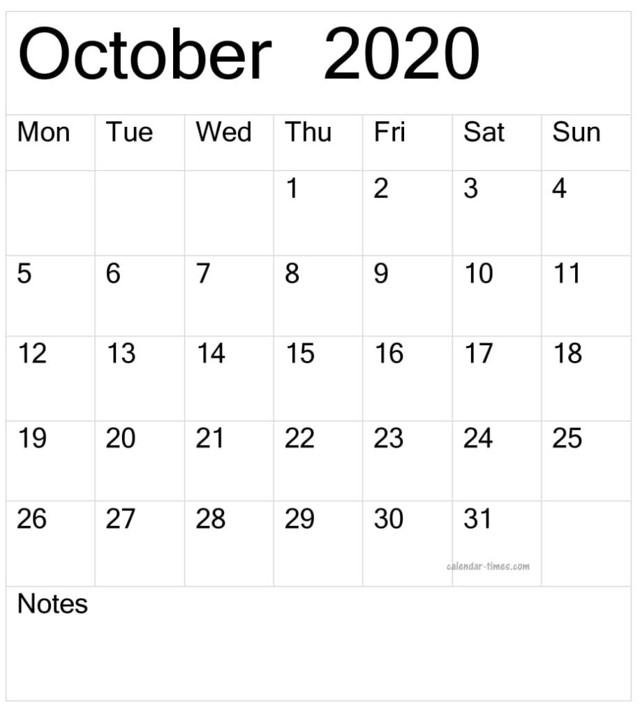 October 2020 Calendar Wall