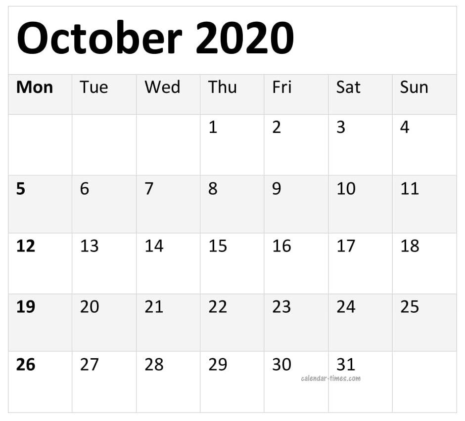 Printable October 2020 Monthly Calendar