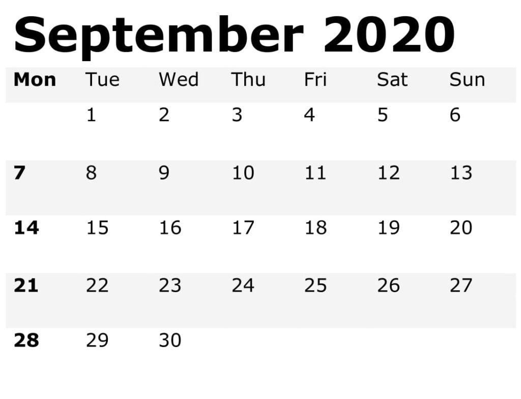 September 2020 Calendar 