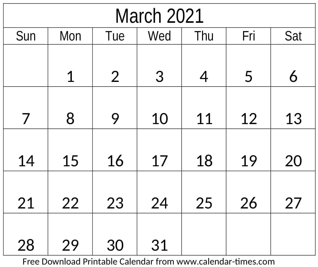 March 2021 Calendar Monthly Template Download