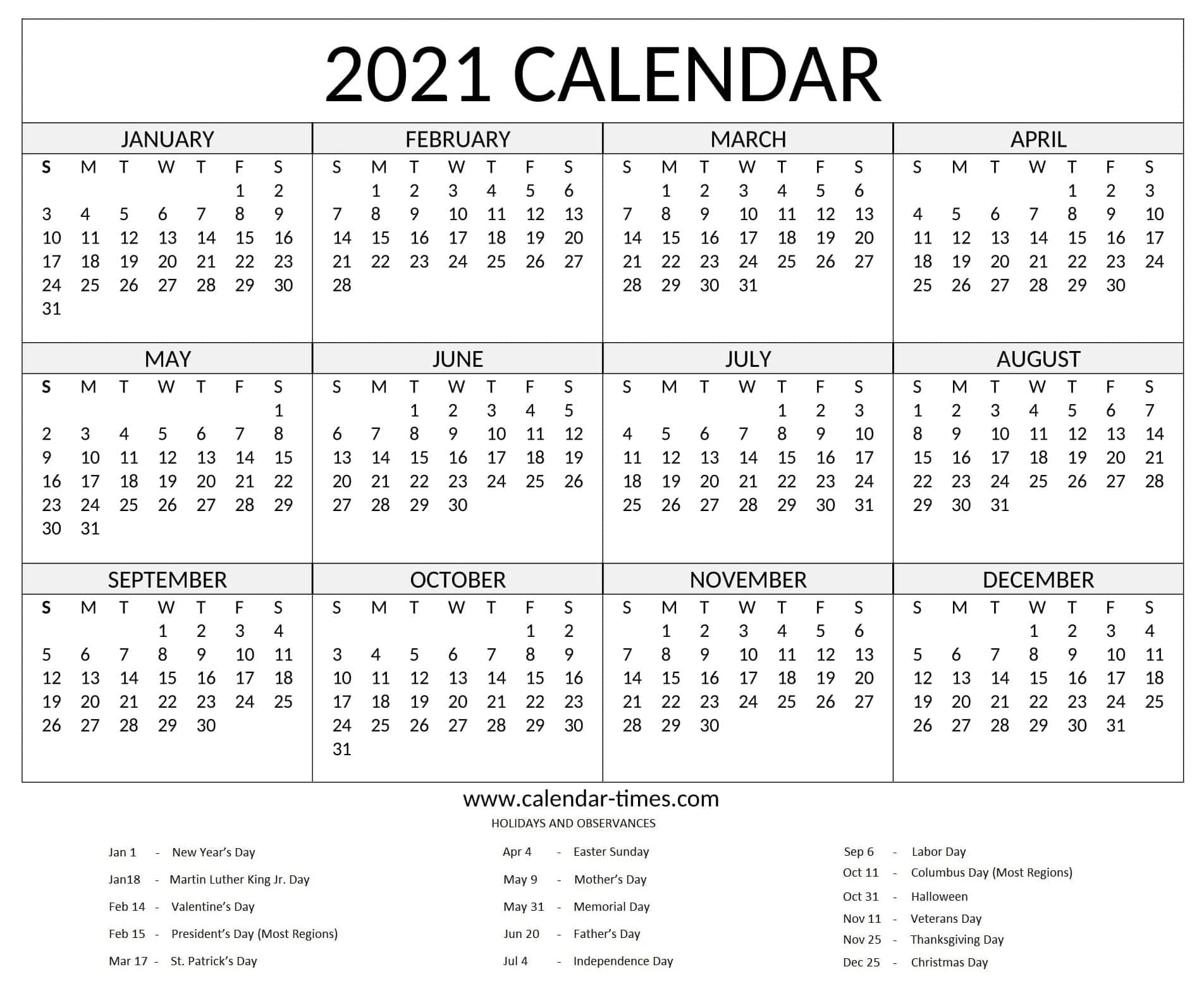 Easy Free Printable Calendars 2021 : Free Printable 2021 Yearly ...