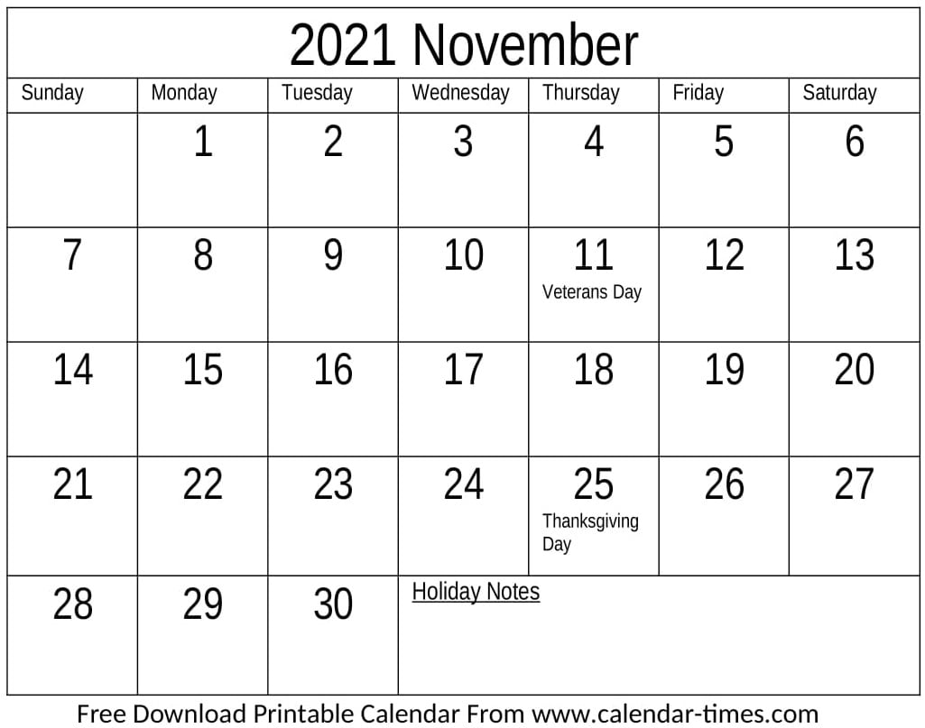 November 2021 Calendar With Holidays Notes