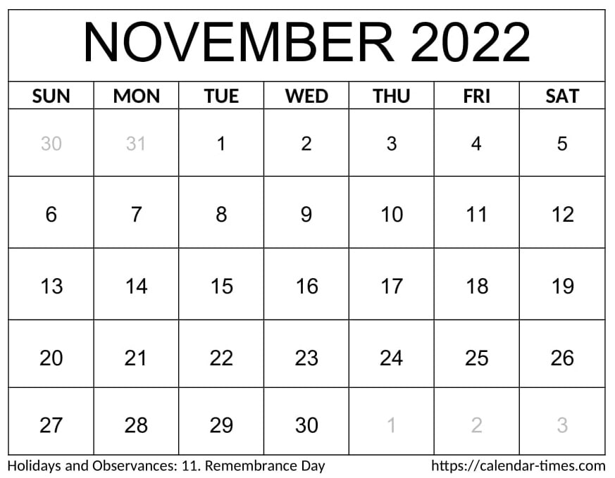 November 2022 Printable Calendar