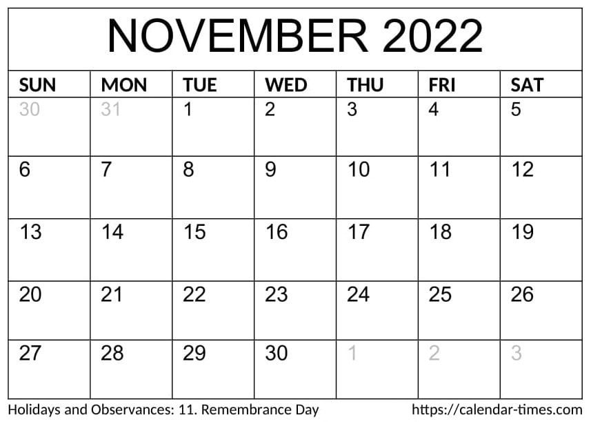 Printable November 2022 Calendar