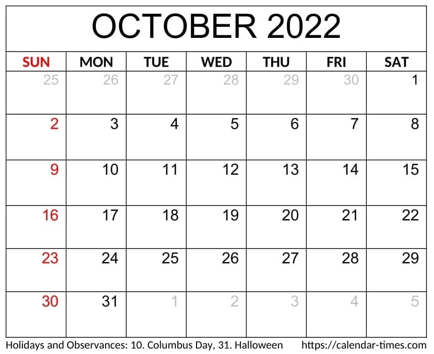 October 2022 Calendar