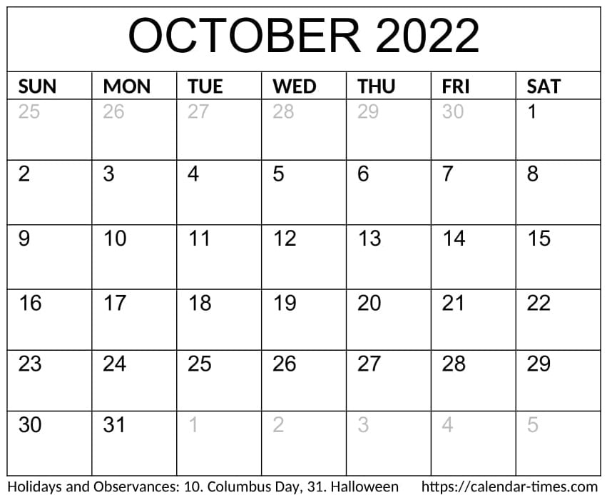 October Calendar 2022