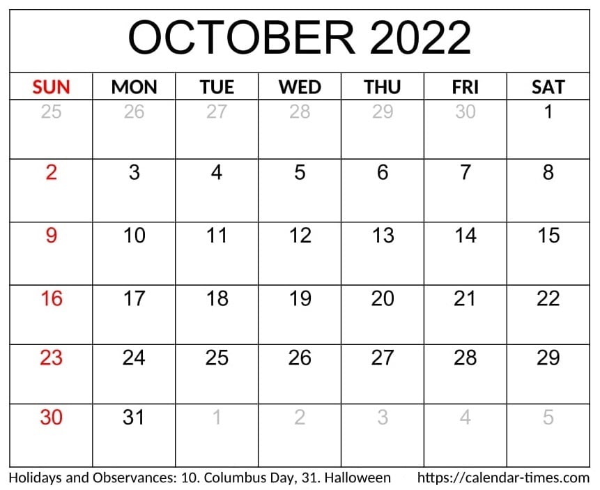 October 2022 Calendar Printable